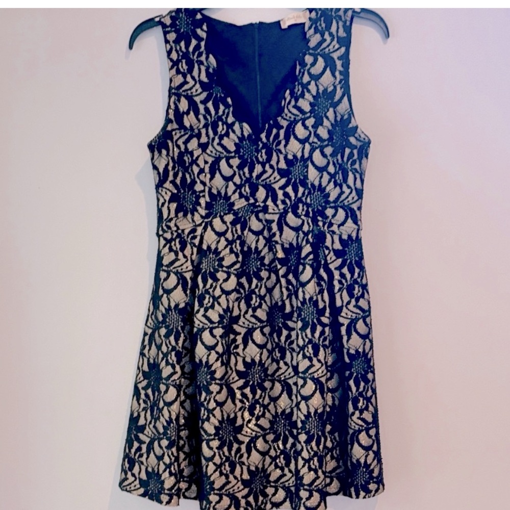 Altar'd State Retro Styled Black & Gold Lace Babydoll V-Neck Mini Dress